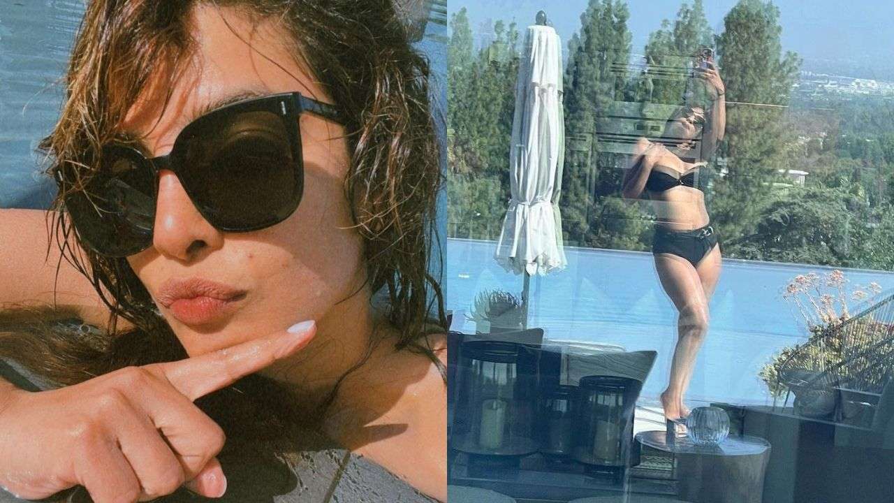 Priyanka Chopra had fun in the pool wearing a black bikini, shared pictures on social media.
